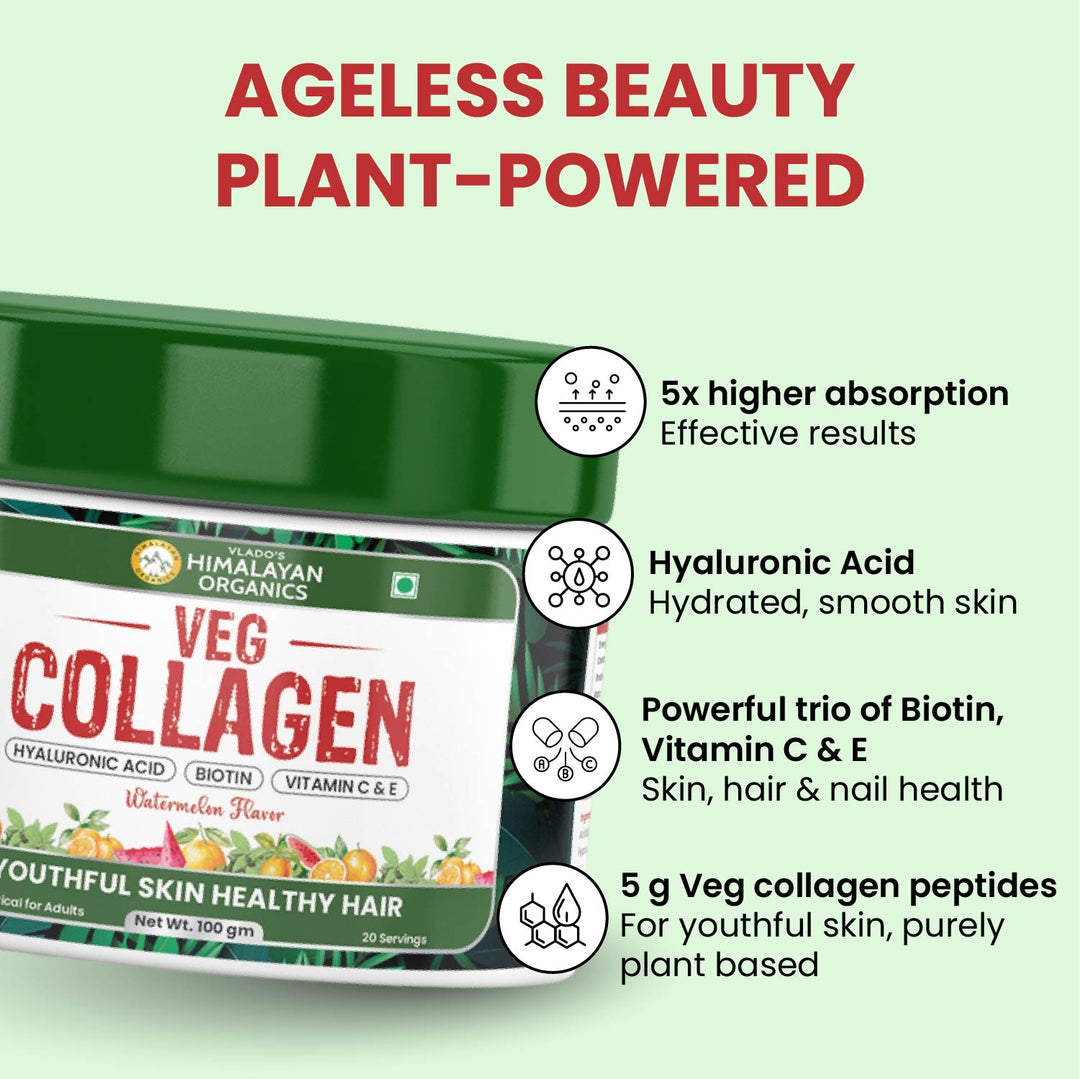 Vlado's Himalayan Organics Plant Based Vegan Collagen supplements - Healthy Skin, Hair & Nails - Skin Radiance - Clinically Proven - Reduce Pigmentation, Dark Spots & Brighten Skin Tone - Supplement for Women - 100 Grams ( Watermelon Flavor )