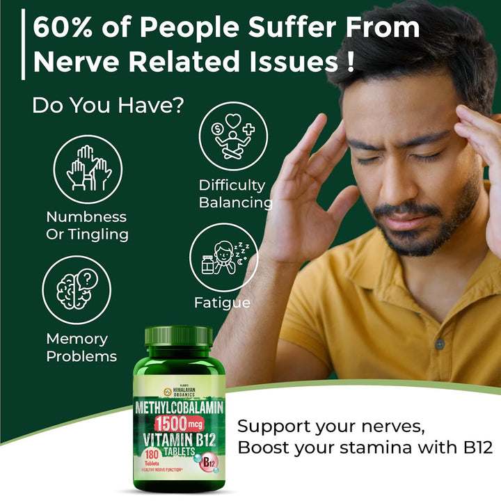 Vlado's Himalayan Organics Vitamin B12 Tablets 1500 mcg -Active form of Methylcobalamin Vitamin B12 Supplements for Men & Women- 180 Veg Tablets (6 Months Supply Pack)