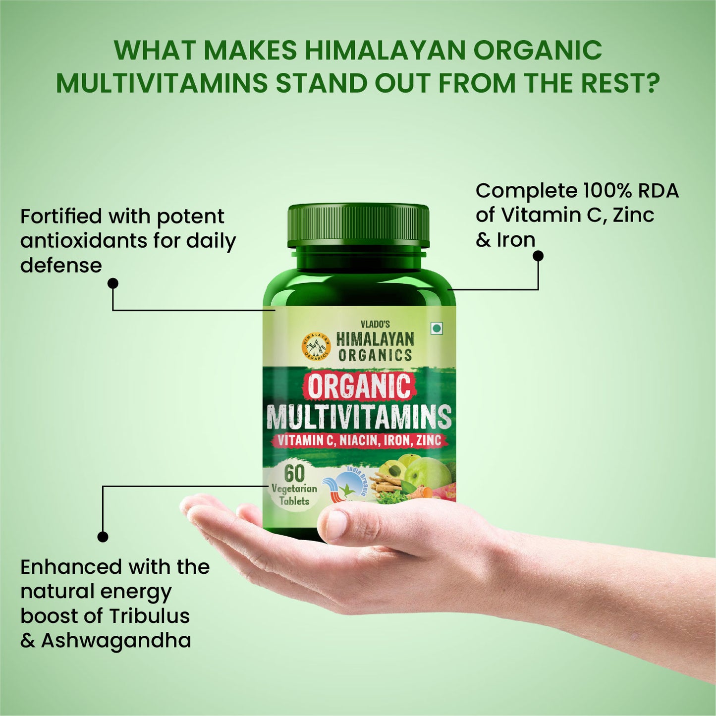 Vlado's Himalayan Organics  - Organic Multivitamins with Iron ,Zinc ,Vitamin B3, C ,Organic Ashwagandha , Tribulus  & Turmeric - 100% Organic , Non-Synthetic - for Immunity, Engergy stamina , Hair, Skin & Bones - 60 Veg Tablets