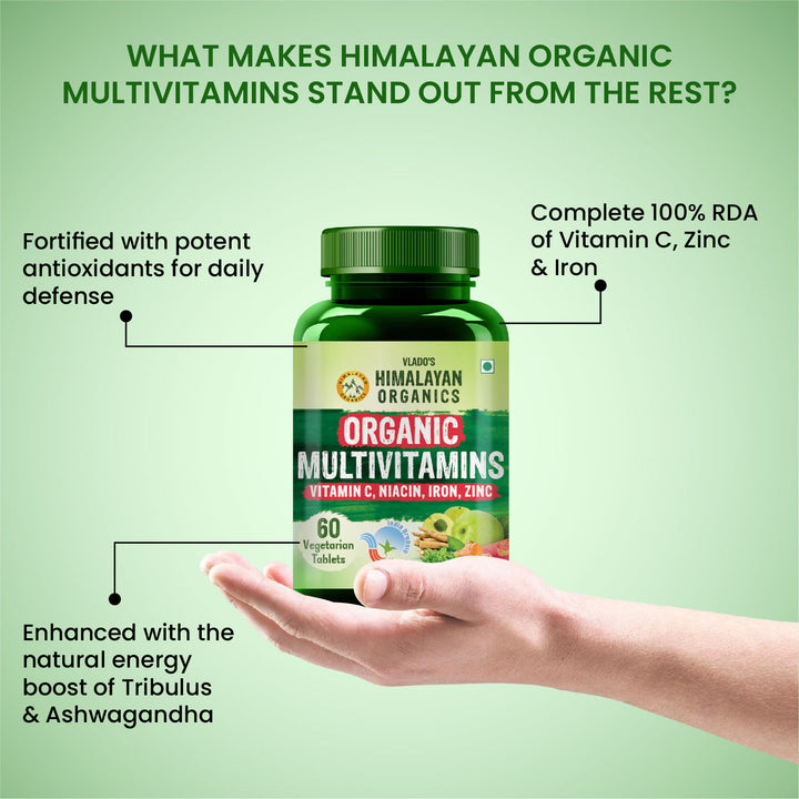 Vlado's Himalayan Organics  - Organic Multivitamins with Iron ,Zinc ,Vitamin B3, C ,Organic Ashwagandha , Tribulus  & Turmeric - 100% Organic , Non-Synthetic - for Immunity, Engergy stamina , Hair, Skin & Bones - 60 Veg Tablets