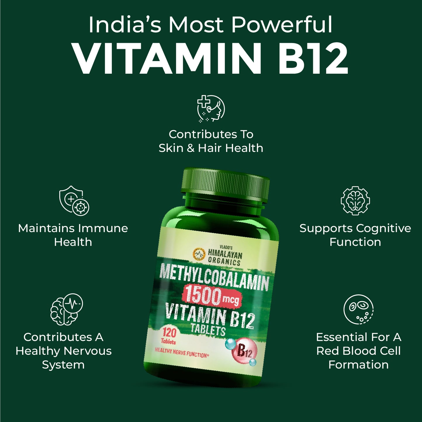 Vlado's Himalayan Organics Vitamin B12 Tablets 1500 mcg as Methylcobalamin Vitamin B12 Supplements for Men & Women -120 Veg tablets (4 Months Supply Pack)