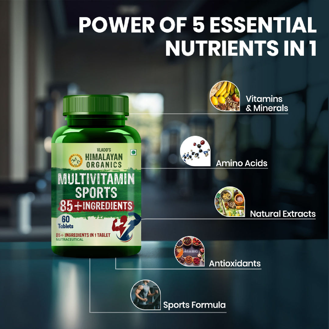 Vlado's Himalayan Organics Multivitamin Sports with 60 + Vital Nutrients & 13 Performance Blends with Enzymes – 60 Tabs
