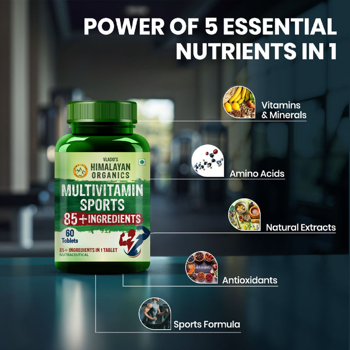 Vlado's Himalayan Organics Multivitamin Sports with 60 + Vital Nutrients & 13 Performance Blends with Enzymes – 60 Tabs