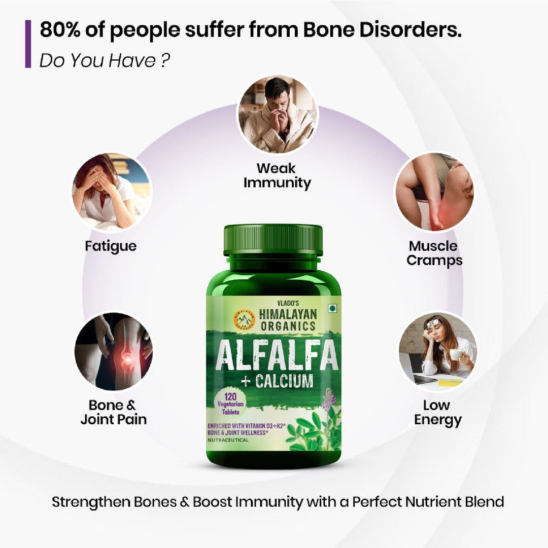 Vlado's Himalayan Organics Alfalfa Calcium 1200mg with Vitamin D, k2, Mk7, B12, Zinc & Magnesium - 120 Veg Tablets