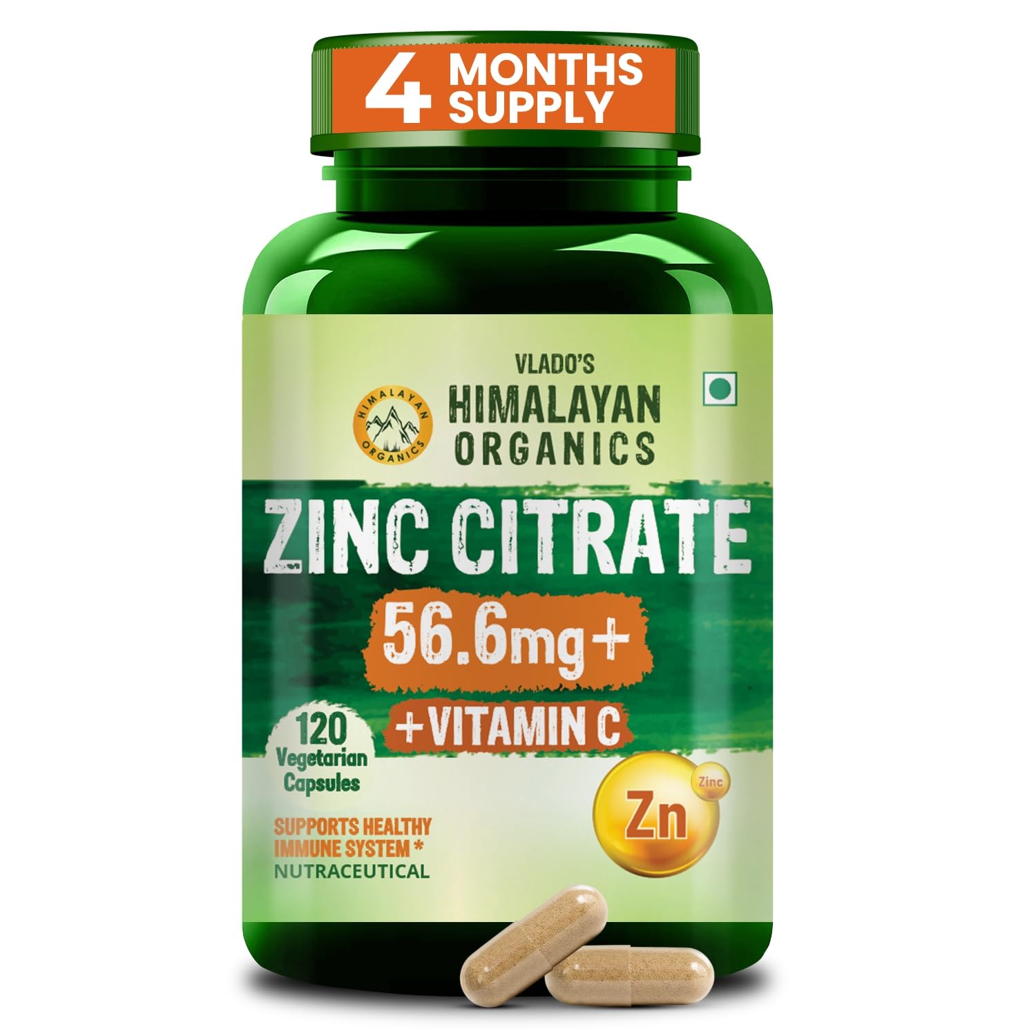 Vlado's Himalayan Organics  Zinc Citrate | Support Healthy Immune Function | Improve Iron Absorption | Antioxidant Support - 120 Veg Capsules
