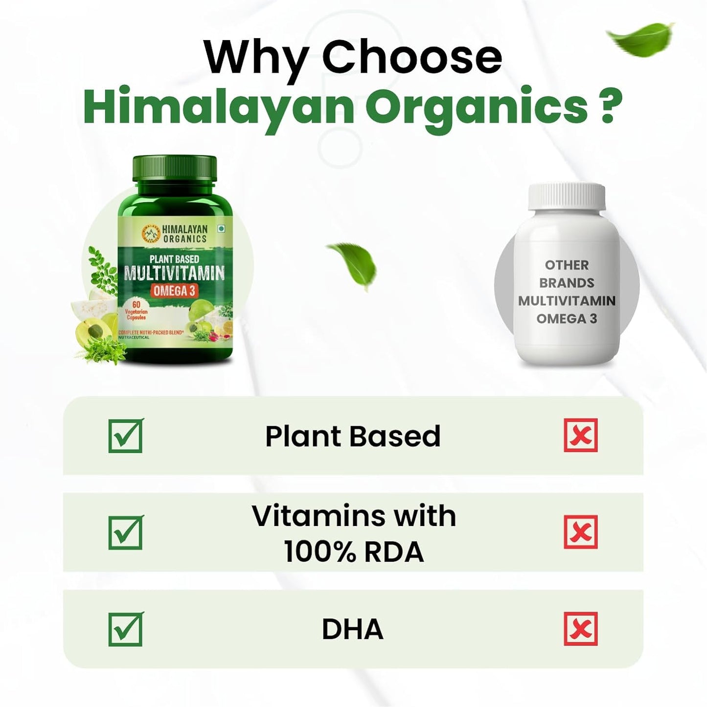 Himalayan Organics Plant Based Vegan Omega-3 with Multivitamin, EPA, DHA, B1,B2,B3,B5,B7,B9,B9,B12,C,D3,K2, 25+ Ingredients for Energy, Immunity, Heart, Bone & Joints Support - 60 Veg capsules