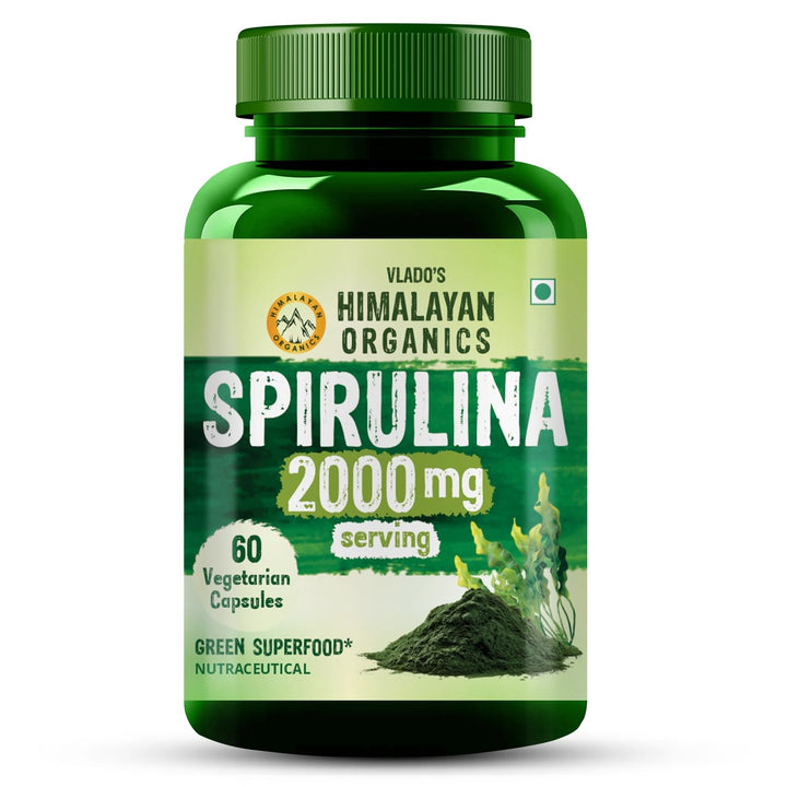 Vlado's Himalayan Organics Spirulina 2000mg Supplement | Green Food For Good Health Weight Management And Immunity Booster | Helps In Healthy Heart - 60 Veg Capsules