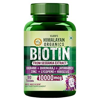 Vlado’s Himalayan Organics Biotin 10000 MCG tablets for Hair Growth, Radiant Skin and Stronger Nails I Sesbania Grandiflora Extract Biotin I Biotin Supplement for men & Women - 90 Veg Tablets