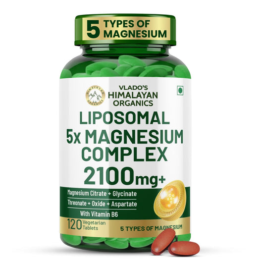 Vlado's Himalayan Organics 5X Strength Liposomal Magnesium Supplement - 2100mg+ with Chelated Magnesium Glycinate | For Sleep, Cramps, Recovery, Nerve & Muscle Function, Clinically Proven, 100% RDA - 120 Tablets