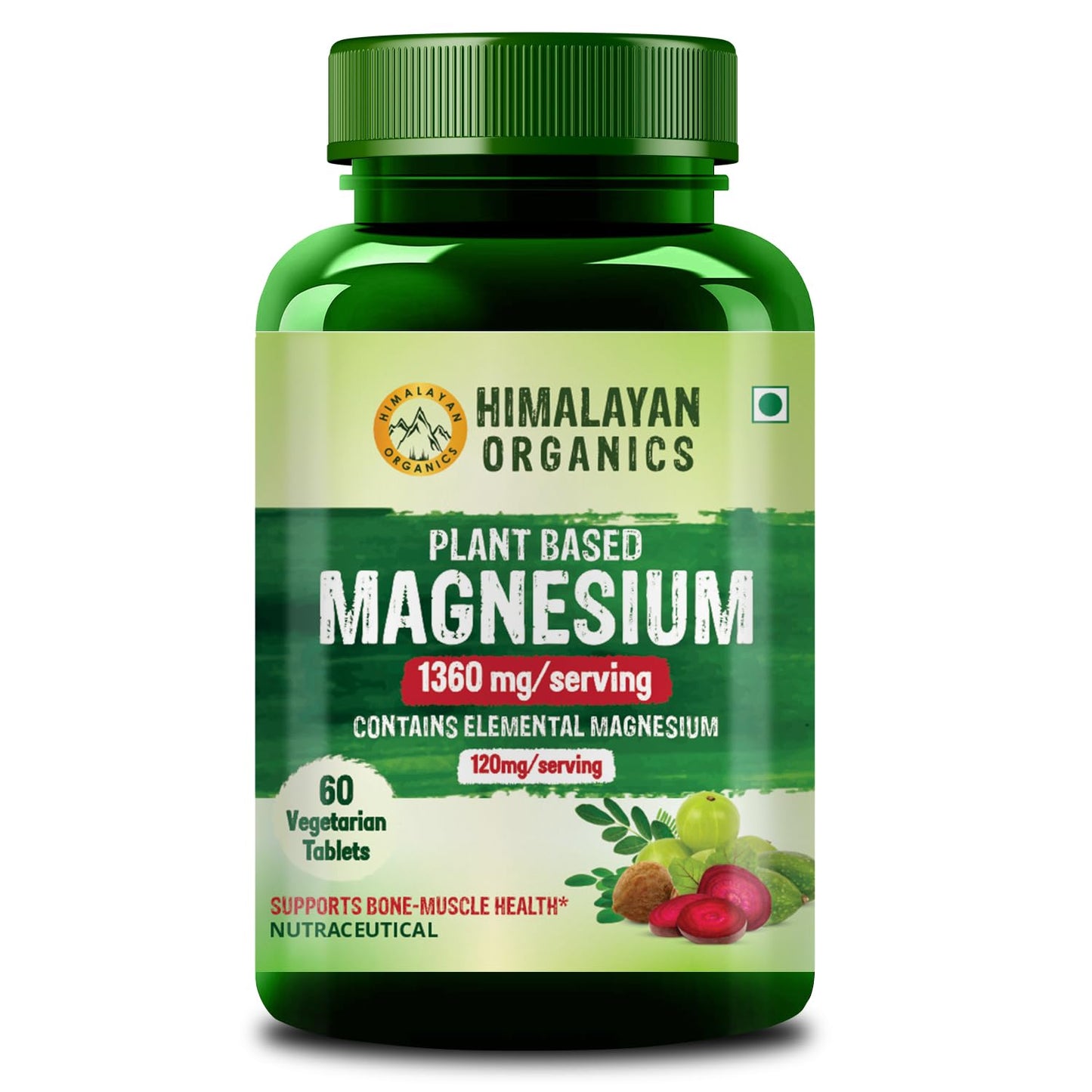 Himalayan Organics Plant Based Magnesium Supplement 1360mg With Turmeric Spirulina, Wheatgrass, Moringa | Supports Bone Muscle & Bone Health | Boost Energy Level - 60 Veg Tablets