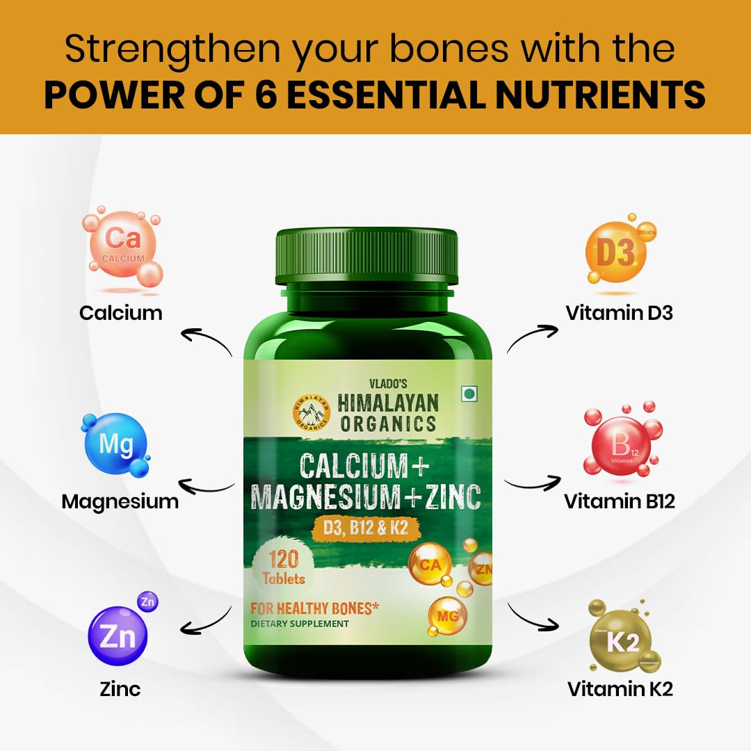 Calcium Magnesium Zinc Vitamin D3, B12 & K- 120 Vegetarian Tablets