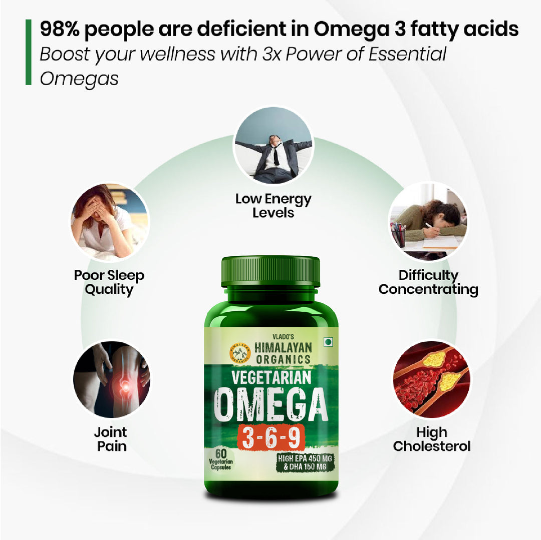 Vlado's Himalayan Organics Omega 3 6 9-2000mg/Serving I Vegetarian Omega 3 Supplement I Support Muscle,Bone,Heart & Skin - No Burps, No Fish Oil Used Capsules for Men & Women- 60 Capsules