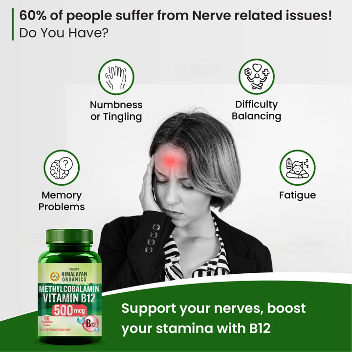 Vlado's Himalayan Organics Vitamin B12 Supplements - Methylcobalamin 500mcg I B12 Active form of Methylcobalamin I 100% RDA I For Memory, Brain, Heart & Nervous System Support I For Men & Women- 90 Tablets