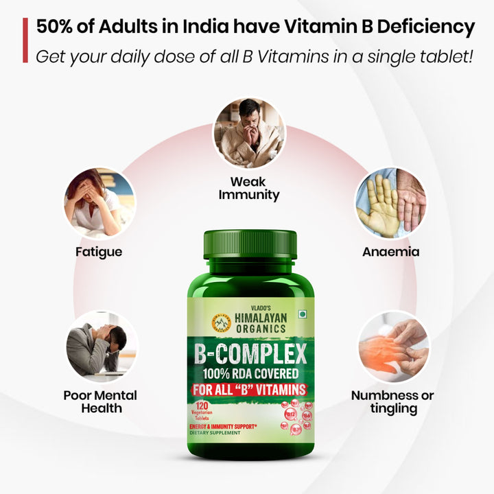 Vlado's Himalayan Organics Vitamin B Complex with 100% RDA B1, B2, B3, B5, B6, B7, B9 & B12 Supplement to Support Cognitive Health - 120 Veg Tablets