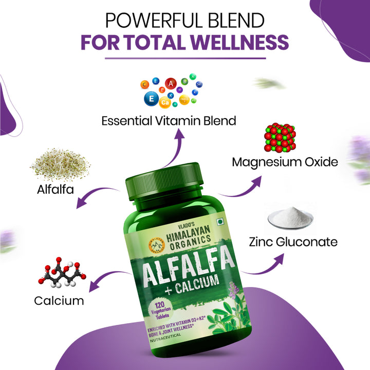 Vlado's Himalayan Organics Alfalfa Calcium 1200mg with Vitamin D, k2, Mk7, B12, Zinc & Magnesium - 120 Veg Tablets