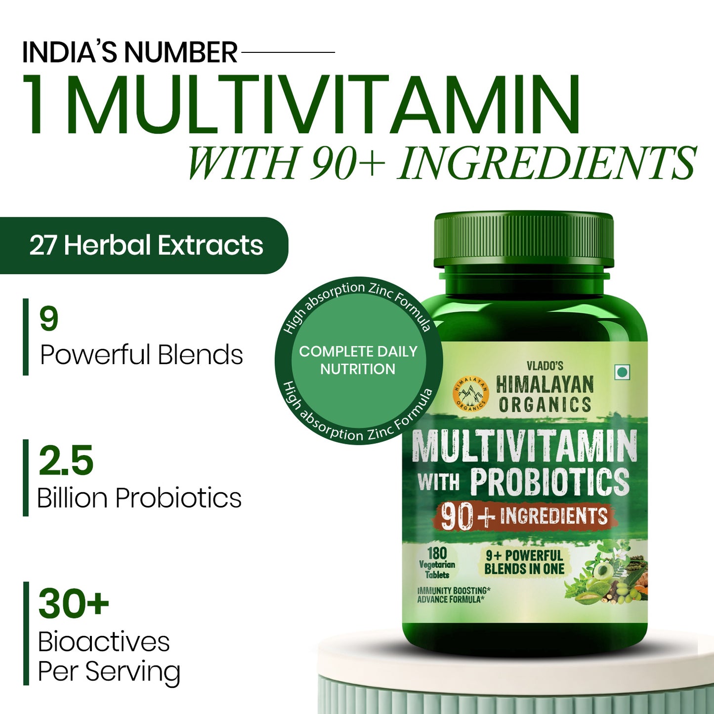 Vlado's Himalayan Organics Immunity Multivitamin Tablet for Men & Women with Probiotic 90+Vital Nutrients and 9+ Probiotic blends for Increase Energy & Immunity I Best Multi vitamin for Men & Women- 180 Veg Tablets