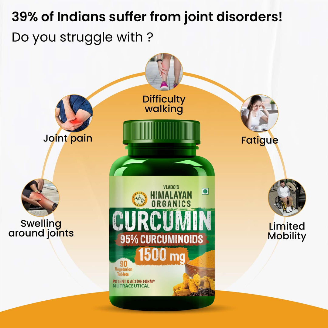 Vlado's Himalayan Organics Curcumin With Biopiperine 1500mg Tablets With 95% Curcuminoids Supplements For Better Absorption | Good For Skin & Joint pains | Immunity Booster for Men And Women - 90 Veg Tablets