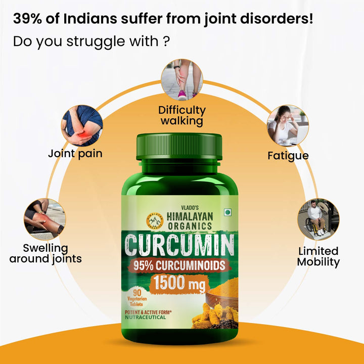 Vlado's Himalayan Organics Curcumin With Biopiperine 1500mg Tablets With 95% Curcuminoids Supplements For Better Absorption | Good For Skin & Joint pains | Immunity Booster for Men And Women - 90 Veg Tablets