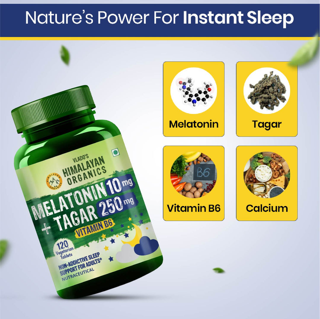 Vlado's Himalayan Organics Melatonin 10mg + Tagar 250mg | Non-Habit Forming, Potent Sleep Aid Formula  - 120 Veg Tabs