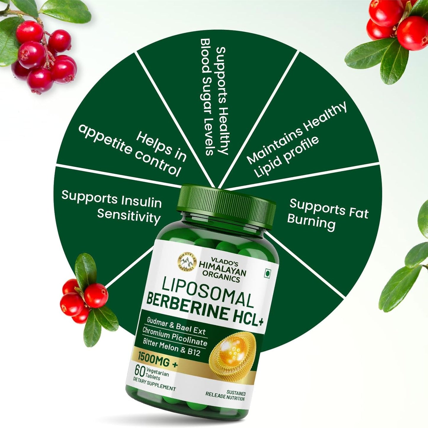 Vlado's Himalayan Organics Liposomal Berberine HCL+ 1500mg+ with Piperine, Chromium , Bitter Melon, Bael, Gudmar & Vitamin B12 |For Metabolism, Hormonal Balance, Healthy Blood Sugar & Cholesterol Levels | 60 Veg Tablets