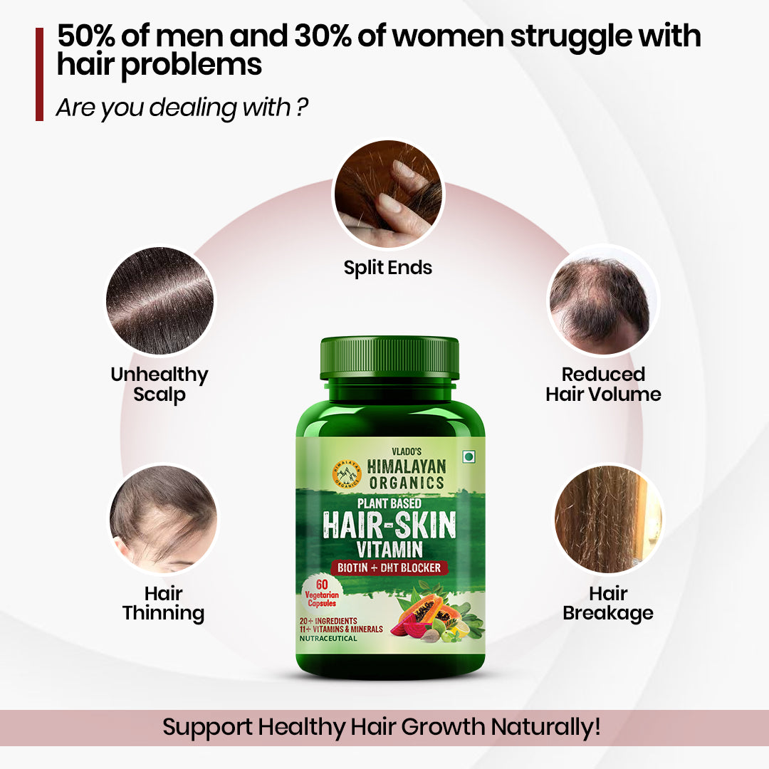 Vlado's Himalayan Organics Plant-Based Hair Skin vitamin with Pure Biotin And DHT Blocker - For Men And Women - 60 Veg Capsules