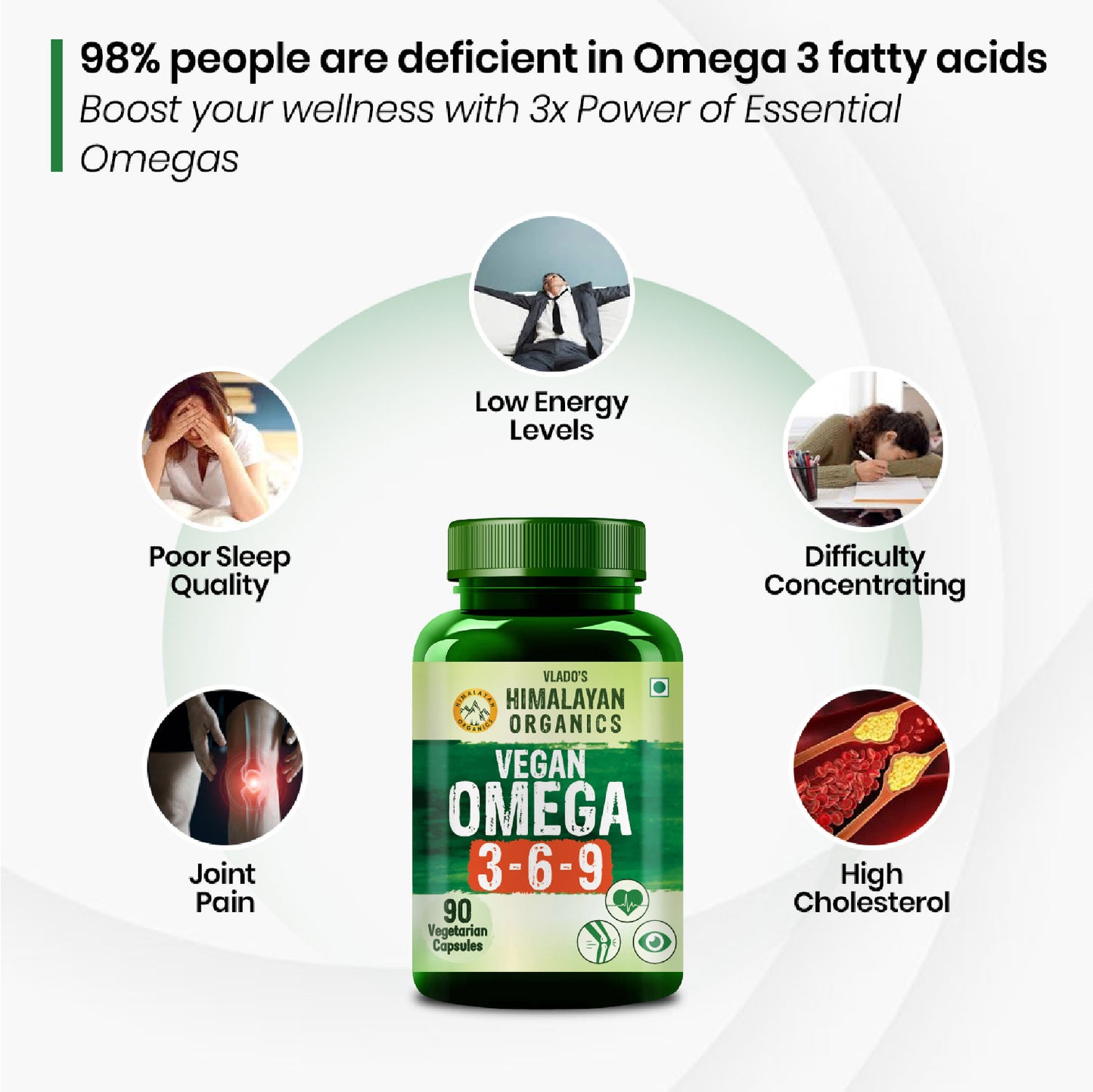 Vlado's Himalayan Organics Flax Seed Oil Omega 3 6 9 Vegan Natural Nutrition Supplement for Muscle , Bone , Heart & Skin - Veg Capsules 90 Count