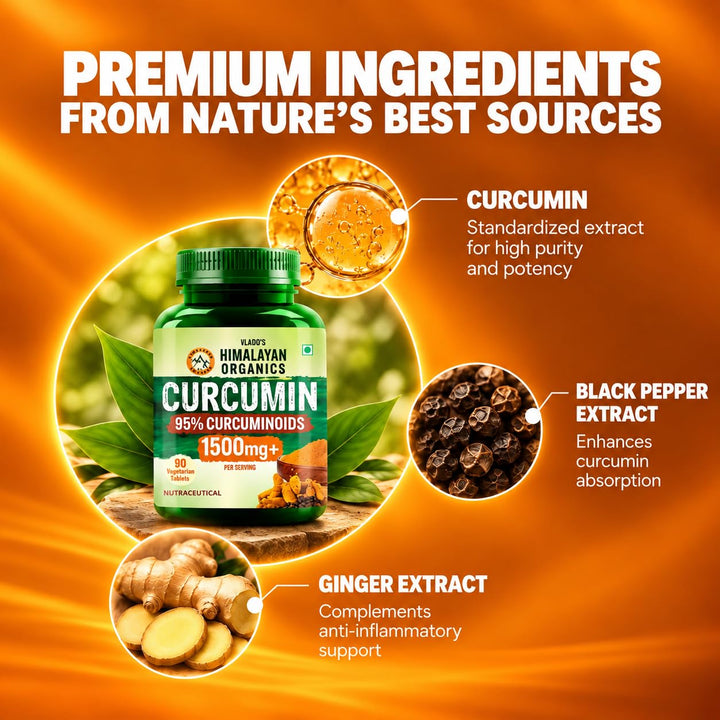 Vlado's Himalayan Organics Curcumin With Biopiperine 1500mg Tablets With 95% Curcuminoids Supplements For Better Absorption | Good For Skin & Joint pains | Immunity Booster for Men And Women - 90 Veg Tablets