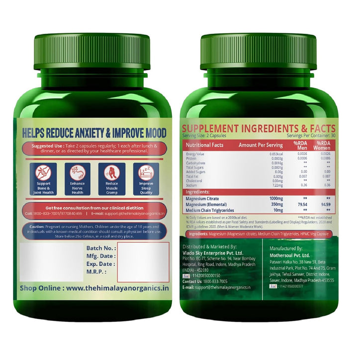 Vlado's Himalayan Organics Magnesium Citrate 1000mg I magnesium supplement Muscle Relaxation & Good Sleep Magnesium for men & Women- 60 Veg Capsules