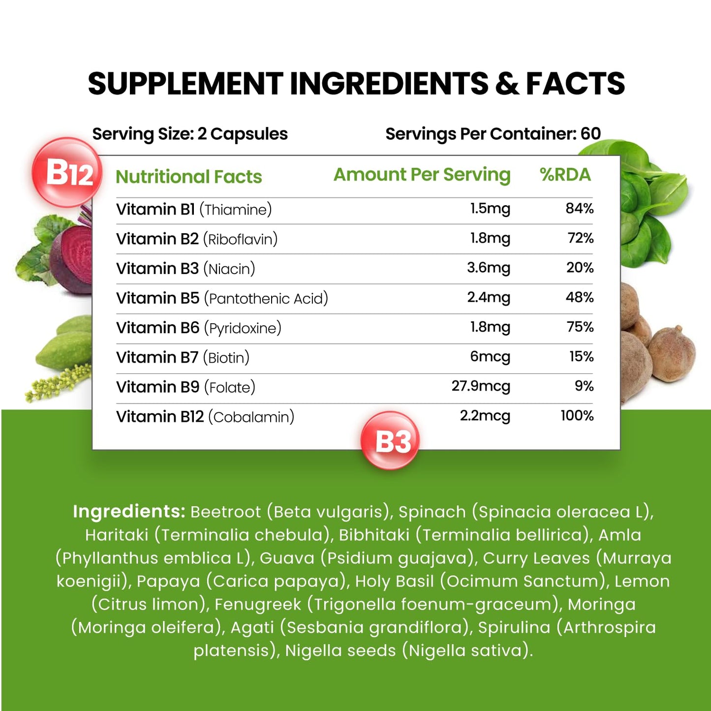 Himalayan Organics Plant Based Vitamin B12 Supplement | B1,B2,B3,B5,B6,B7,B9,Moringa| Boost Energy Level | Good For Digestion And Nerve Health | Glowing Skin For Men & Women - 120 Vegetarian Capsules
