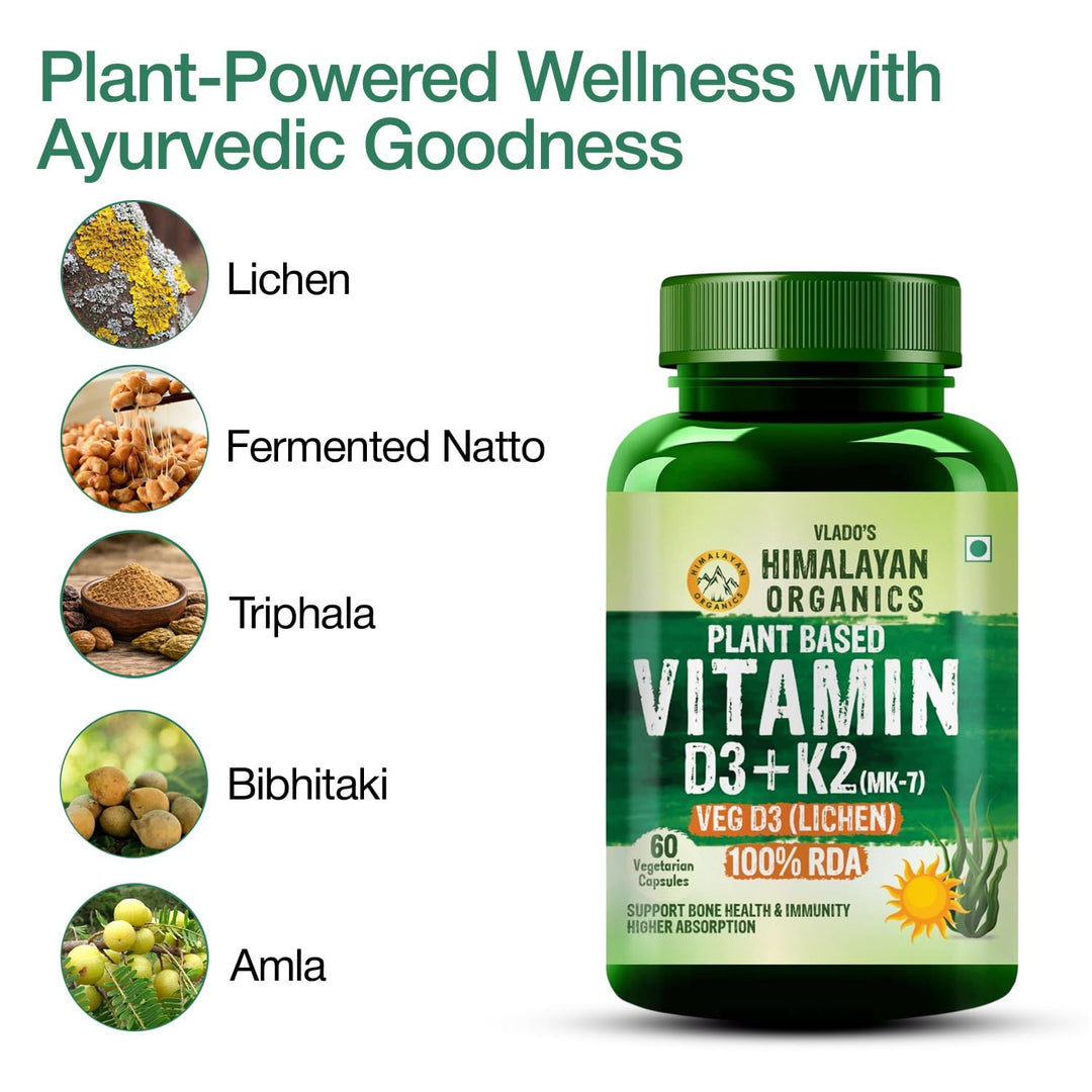 Vlado's Himalayan Organics Plant Based 600iU Supplement | Vitamin D3(Lichen) + K2(Menaquinone Mk7) | Faster Absorption | Boost Immunity | Healthy Bones -60 Veg Capsules
