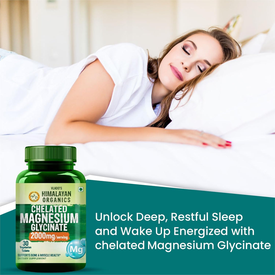 Vlado's Himalayan Organics Magnesium Glycinate High Absorption Magnesium Supplement 2000 MG - For Sleep, Cramps, Supports | Clinically Approven | Muscle Recovery & Better Sleep & Nerves Health - 30 Tablets - (100% RDA )