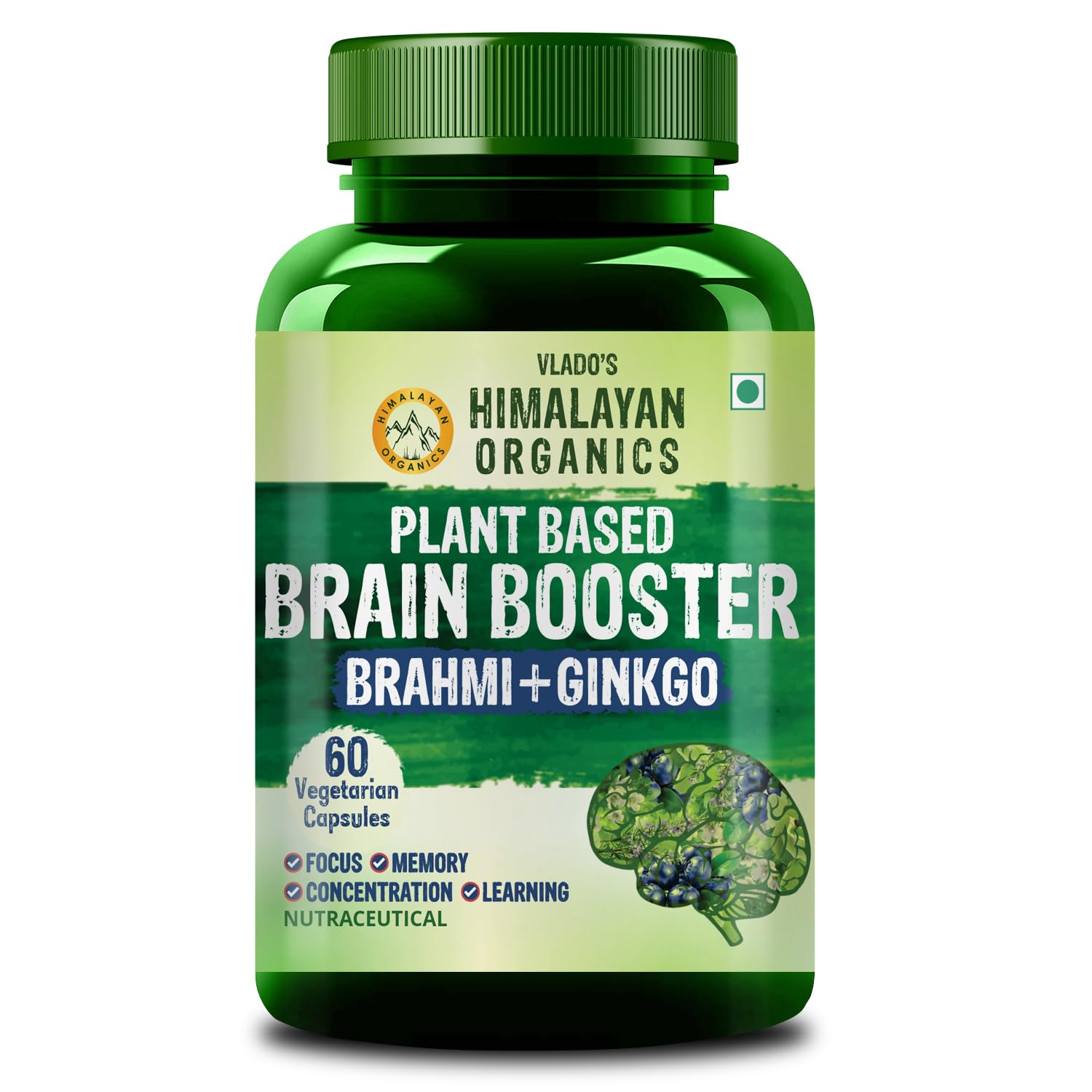 Vlado's Himalayan Organics Plant Based Brain Booster Supplement with Ginkgo Biloba & Brahmi | Boost concentration & Learning Activities | 60 Veg Capsules