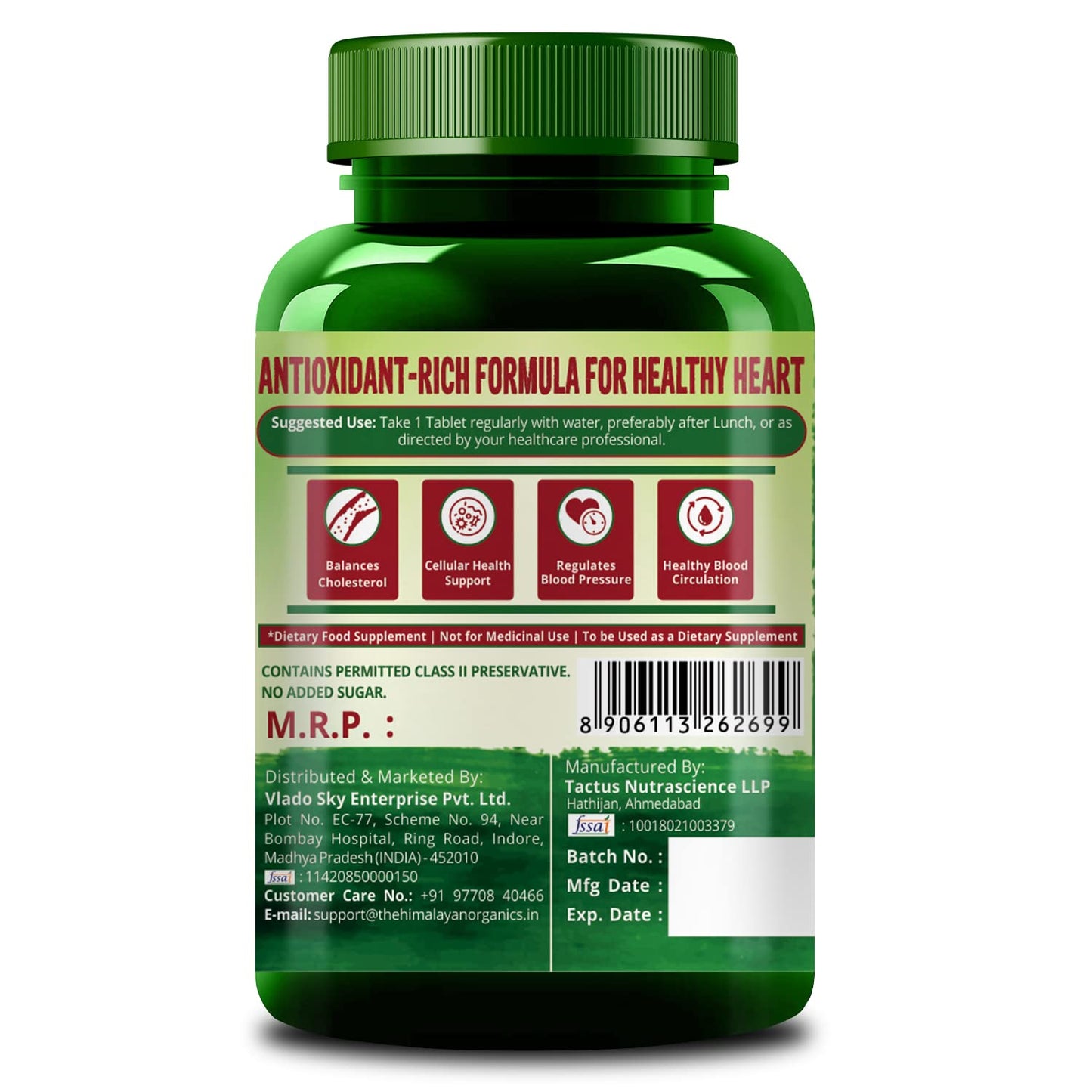 Himalayan Organics Heart Care Supplement with Arjuna Bark, Grape seed, CoQ10, Resveratrol, Cinnamon, Garlic | 60 Veg Tablets
