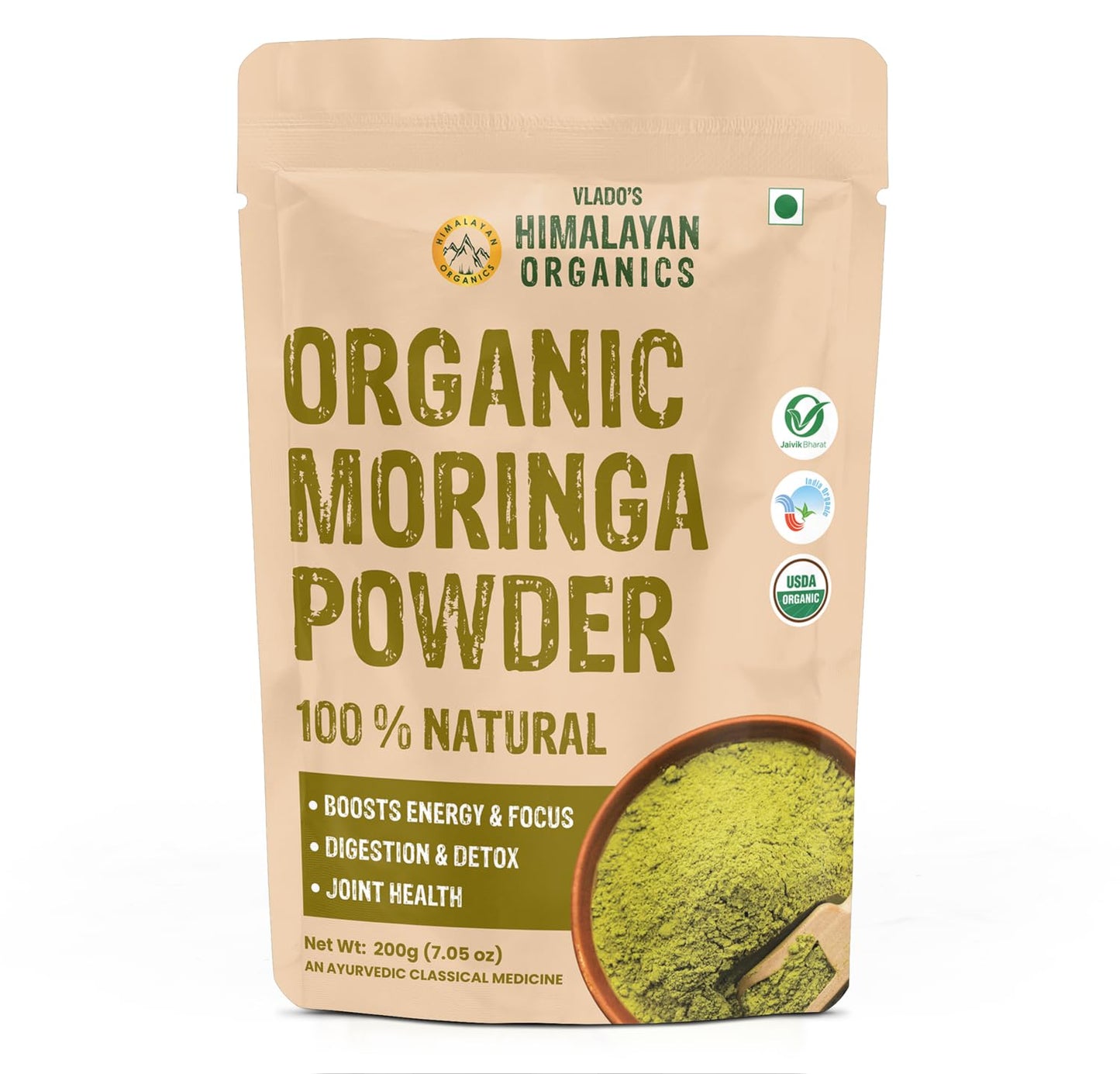 Vlado's Himalayan Organics 100% Organic Certified Moringa Powder - Natural Superfood with 120+ Nutrients, Antioxidants & Vitamins - Drumstick Leaf powder | Herbal Supplement I for Immunity, Digestion & Energy I Rich In Antioxidant & Protein - 200g