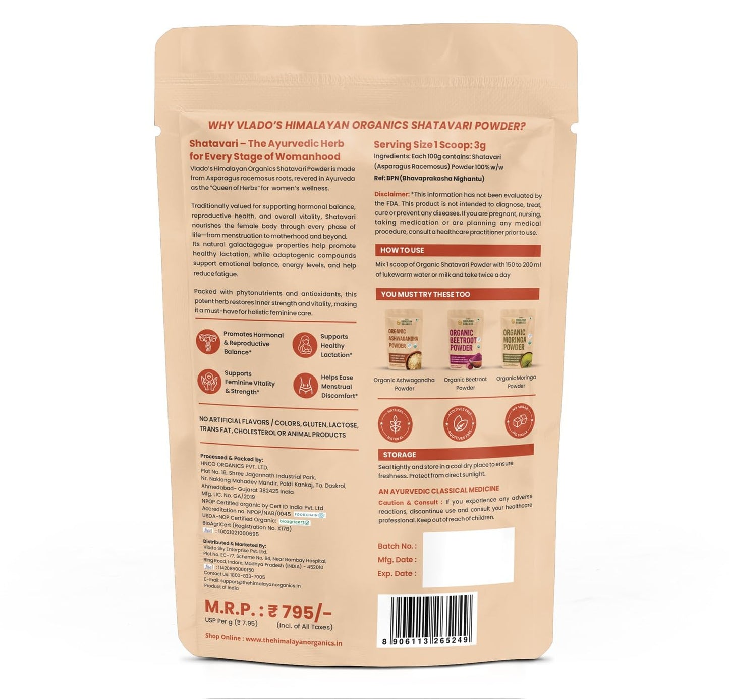 Vlado's Himalayan Organics Shatavari Powder 100gms | Promotes Lactation Naturally | Helps Maintain Hormonal Balance