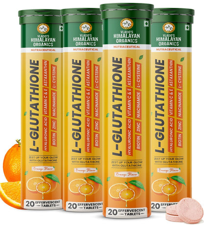 Vlado's Himalayan Organics Japanese Reduced L Glutathione Effervescent Tablets 1150mg with Hyaluronic Acid , Niacinamide, Vitamin C, E- For Anti-Pigmentation Skin Lightening, Tan Removal , Skin Glow- 20 Effervescent Tablet (Pack of 1)