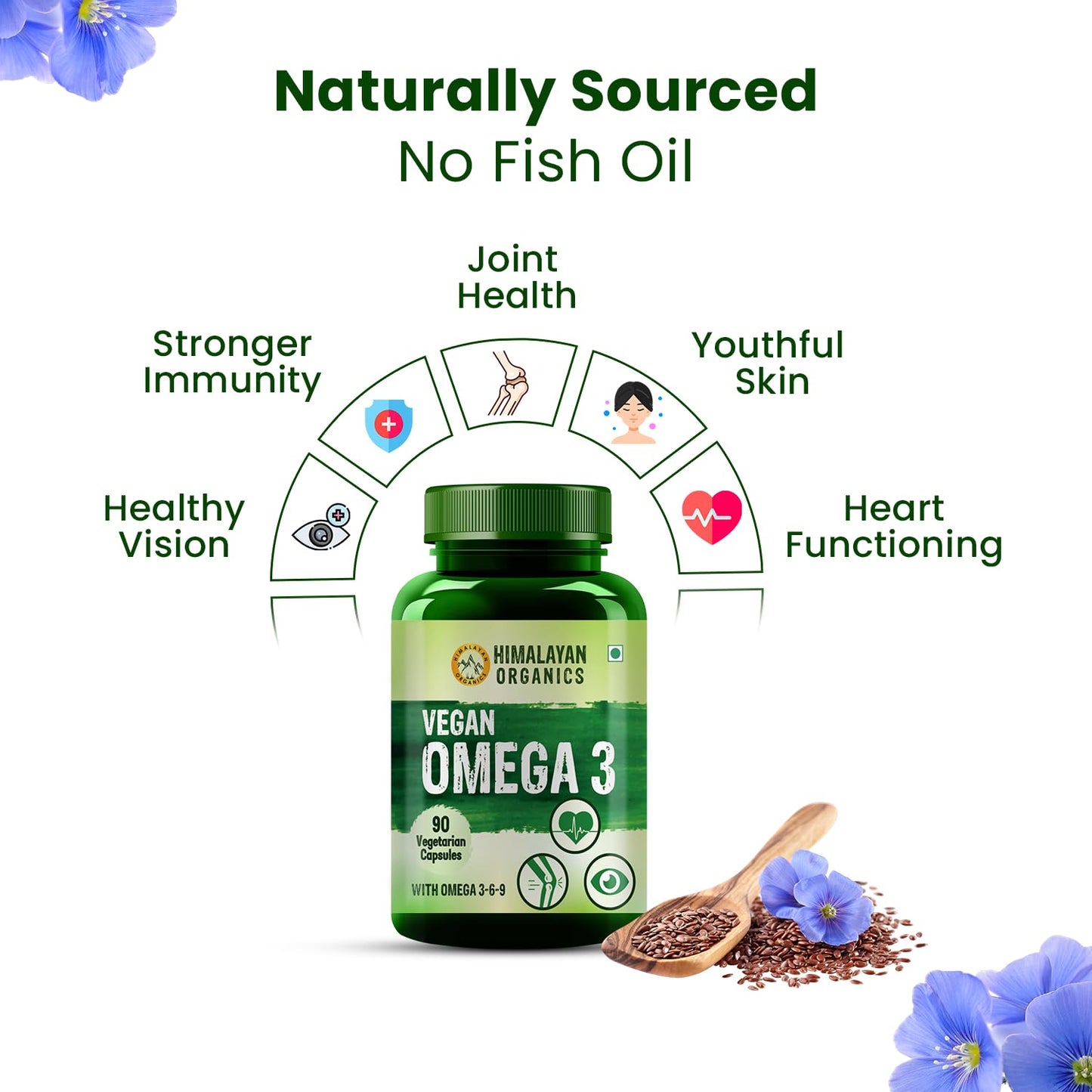 Himalayan Organics Omega 3 6 9 Vegan Natural Nutrition Supplement for Muscle, Bone , Heart & Skin - 90 Capsules