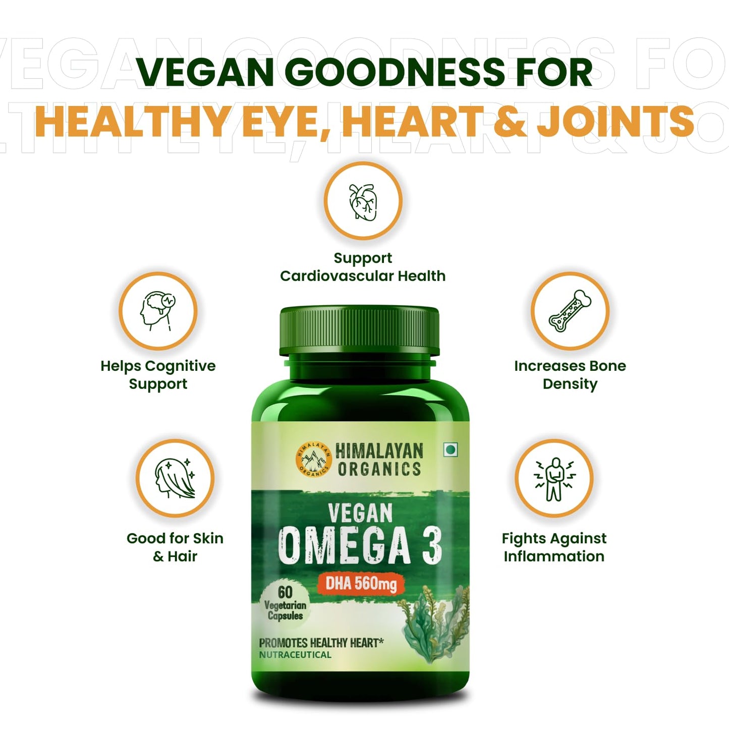 Himalayan Organics Vegan Omega 3 6 9 with DHA (560mg) for Healthy Heart, Joints & Eyes for Men & Women - 60 veg capsules