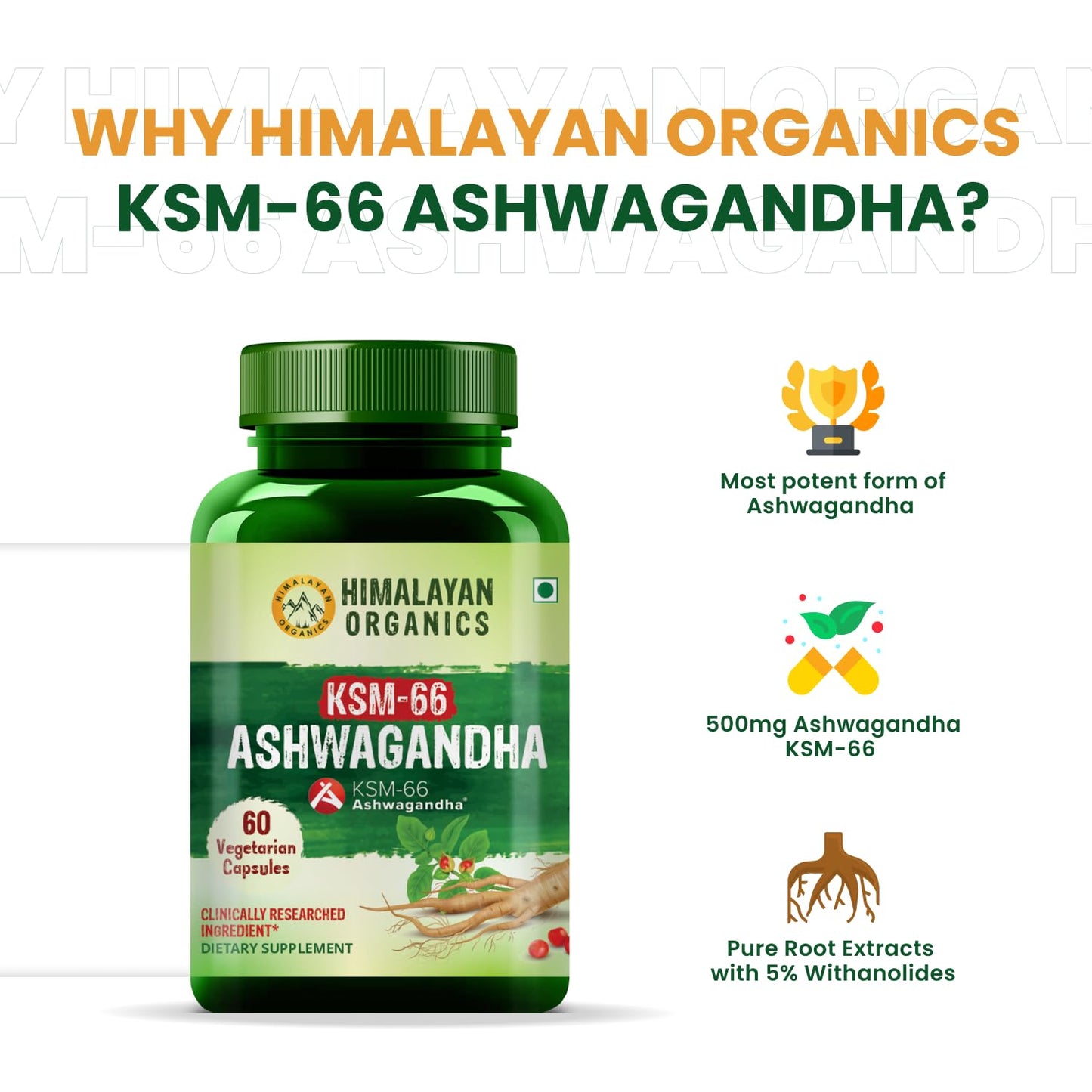 Himalayan Organics KSM - 66 Ashwagandha 1000Mg I KSM-66 I Boost Energy, Strength, Stamina | Helps Anxiety & Stress Relief For Men & Women (60 Capsules)
