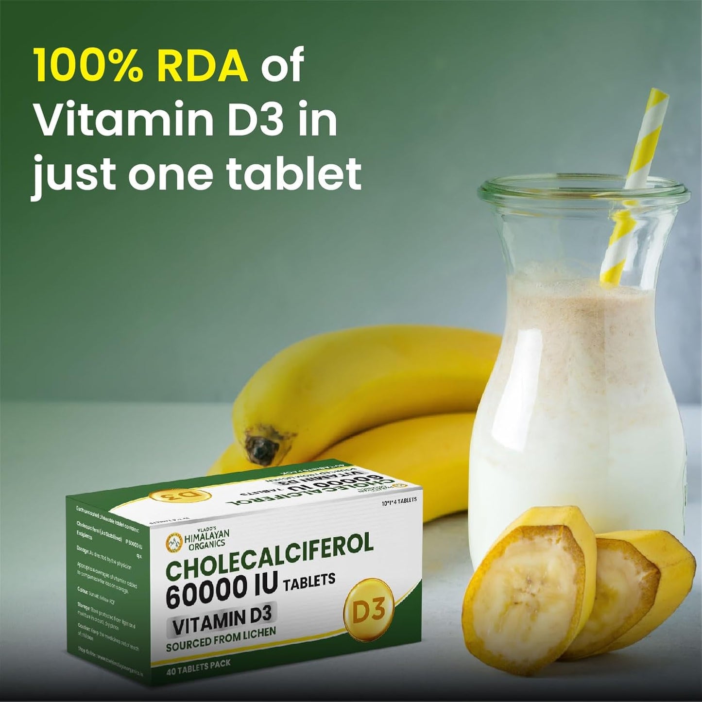 Vlado's Himalayan Organics Vitamin D3 60000 IU Tablets | Cholecalciferol I Vitamin D3 60k Supplement | Vitamin D 60000 iu Tablets | Cholecalciferol Supplement 60000iu for men & women | Orange Flavour - 40 Tablets
