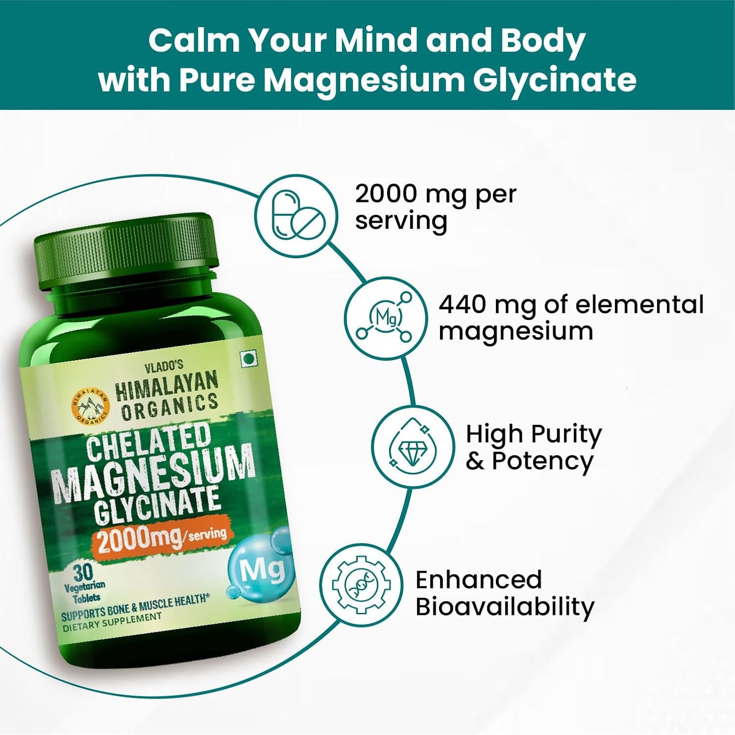 Vlado's Himalayan Organics Magnesium Glycinate High Absorption Magnesium Supplement 2000 MG - For Sleep, Cramps, Supports | Clinically Approven | Muscle Recovery & Better Sleep & Nerves Health - 30 Tablets - (100% RDA )
