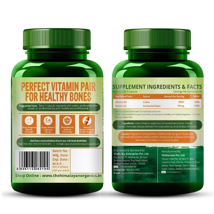 Vlado's Himalayan Organics Plant Based 600iU Supplement | Vitamin D3(Lichen) + K2(Menaquinone Mk7) | Faster Absorption | Boost Immunity | Healthy Bones -60 Veg Capsules