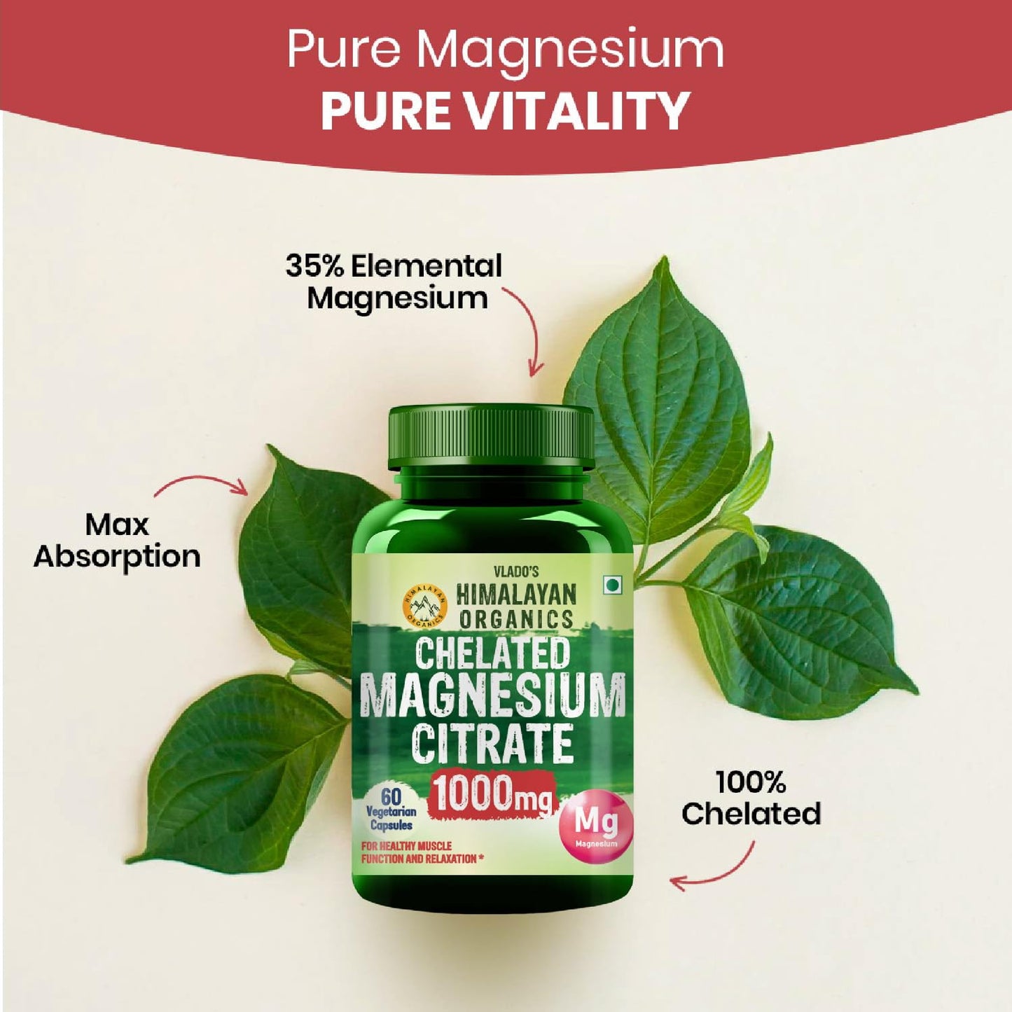 Vlado's Himalayan Organics Magnesium Citrate 1000mg I magnesium supplement Muscle Relaxation & Good Sleep Magnesium for men & Women- 60 Veg Capsules