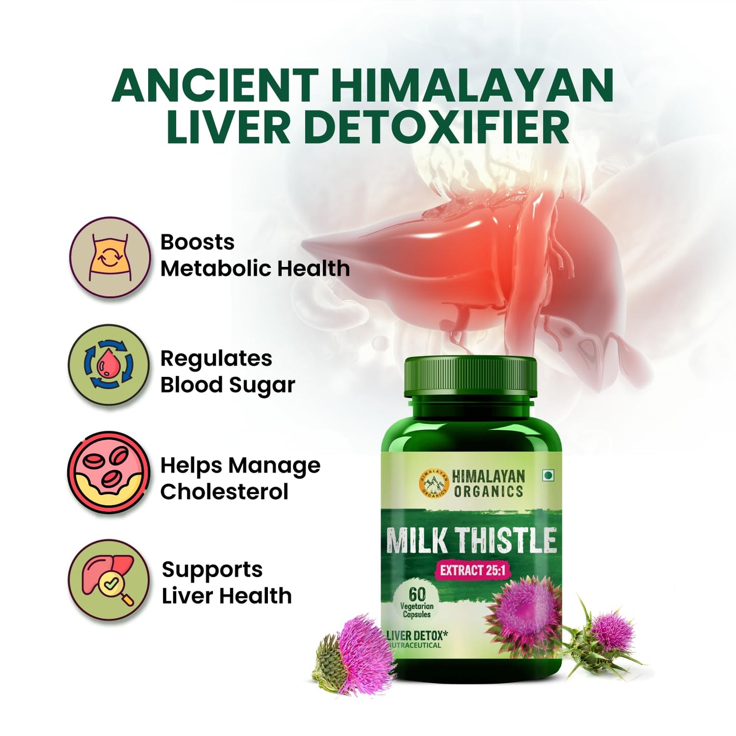Himalayan Organics Milk Thistle Extract Detox Supplement For Men And Women With 800Mg Of Silybum Marianum For Healthy Liver | Helps in Cleanse Liver - 60 Vegetarian Capsules