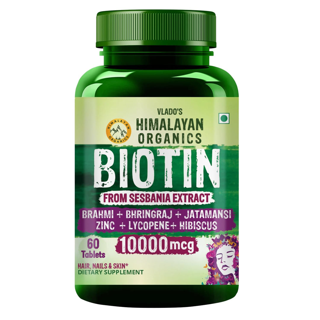 Vlado’s Himalayan Organics Biotin 10000mcg Supplement for Hair Growth, Strong Hair and Glowing Skin, Nail I Sesbania Extract Biotin tablets For Men & Women - 60 Veg Tablets