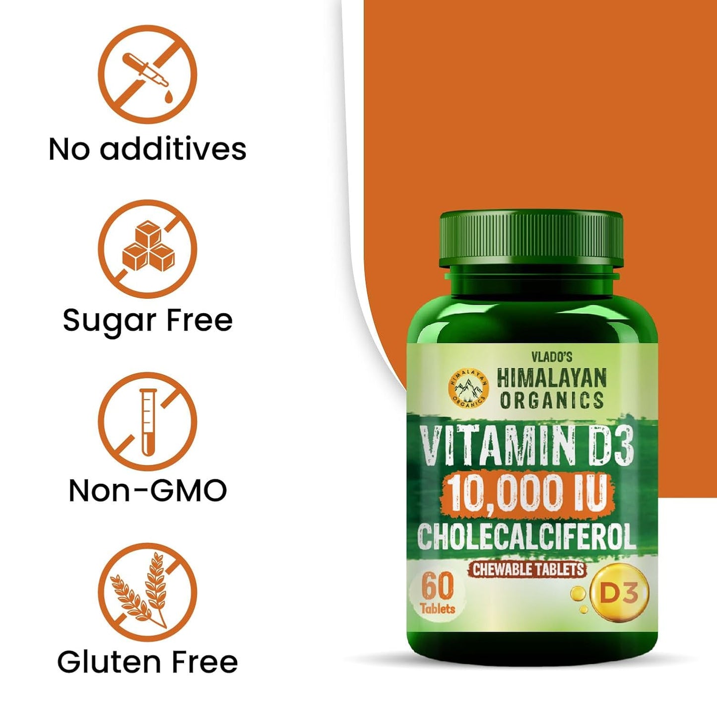 Vlado's Himalayan Organics Vitamin D3 10000IU - Chewable Vitamin D Tablets | Cholecalciferol Vitamin D3 Supplement for Bone & Immunity | Vitamin D3 Supplement for Women & Men | Orange Flavour - 60 Tablets