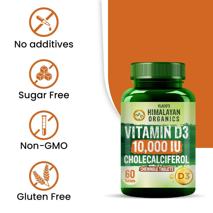 Vlado's Himalayan Organics Vitamin D3 10000IU - Chewable Vitamin D Tablets | Cholecalciferol Vitamin D3 Supplement for Bone & Immunity | Vitamin D3 Supplement for Women & Men | Orange Flavour - 60 Tablets