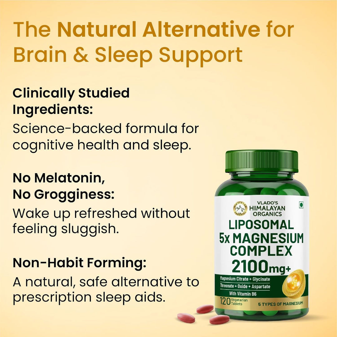 Vlado's Himalayan Organics 5X Strength Liposomal Magnesium Supplement - 2100mg+ with Chelated Magnesium Glycinate | For Sleep, Cramps, Recovery, Nerve & Muscle Function, Clinically Proven, 100% RDA - 120 Tablets
