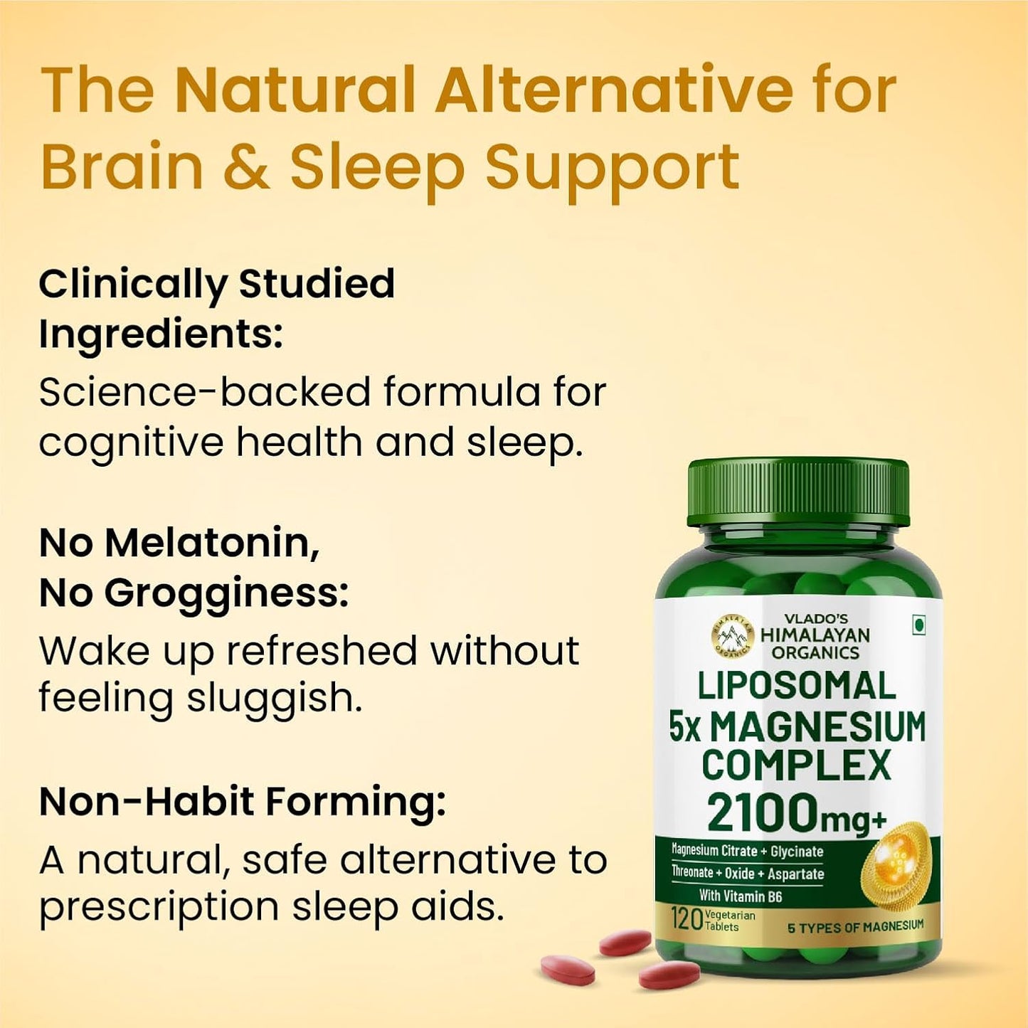 Vlado's Himalayan Organics 5X Strength Liposomal Magnesium Supplement - 2100mg+ with Chelated Magnesium Glycinate | For Sleep, Cramps, Recovery, Nerve & Muscle Function, Clinically Proven, 100% RDA - 120 Tablets