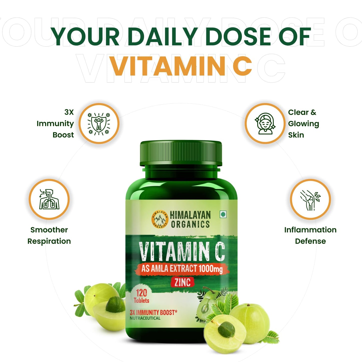 Himalayan Organics Vitamin C 1000mg Tablets | Immunity, Antioxidant & Skin Care | 120 Veg Tabs